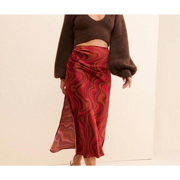 Dresses & Skirts - For Love And Lemons Eleanor Midi Skirt Satin Red Women’s Size M Vacation Resort